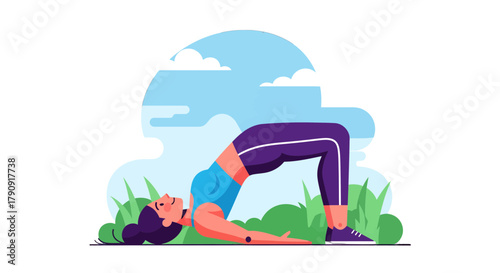 Woman Performing Yoga Bridge Pose in Nature and Achieving Perfect Physical Wellness