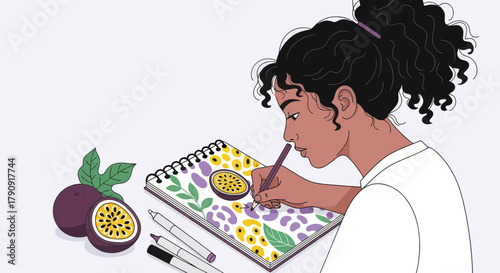 Woman Sketching Illustration of Passion Fruit Artwork in Detailed Sketchbook