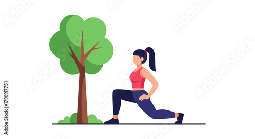 Woman Performs Lunges By a Tree, Embracing Fitness Outside in Natural Surroundings