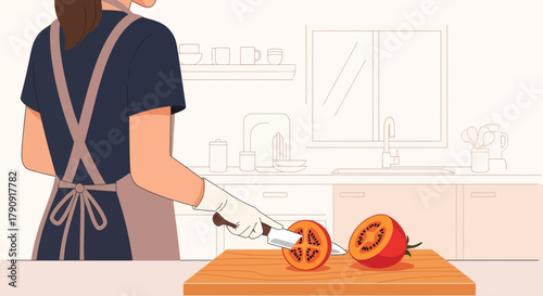 Woman Slicing Exotic Fruit in Kitchen Vector Illustration For Culinary and Health Themes