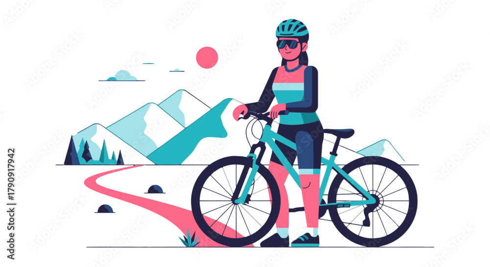 Fototapeta premium Woman Posing Beside Her Bicycle in a Mountain Landscape at Sunset
