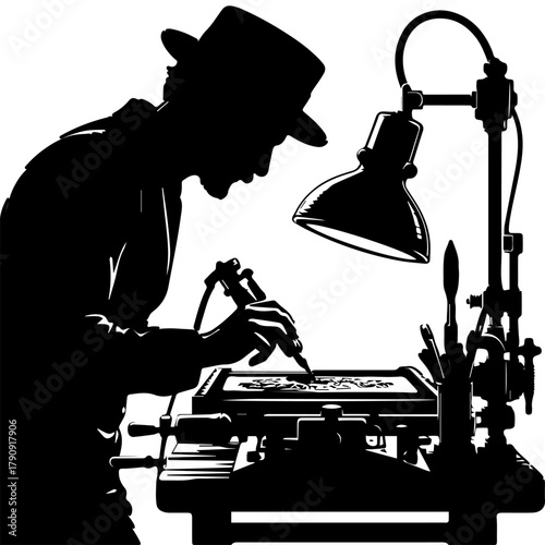 A black and white illustration of the silhouette of a talented craftsman who performs the engraving of a highly detailed pattern on a blank . Vector graphics. EPS.
