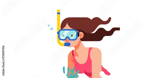 Woman Snorkelling Underwater Illustrated in Vector With Minimalist Style Design