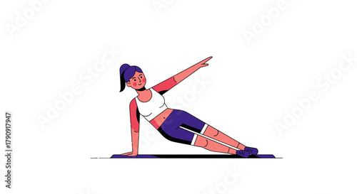 Woman Practices Side Plank Exercise with Arm Raised, Isolated on a Black Background