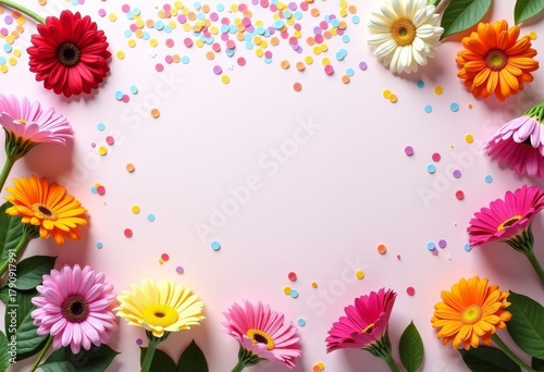 Birthday flowers with confetti and empty text space