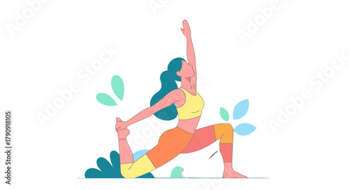 Woman Practicing Yoga Pose on Black Background with Nature Elements in Illustration