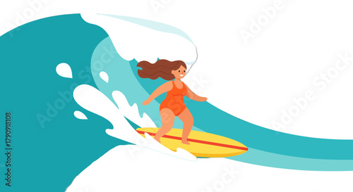Woman Surfing on a Bright Yellow Surfboard Riding a Big Blue Wave Illustration