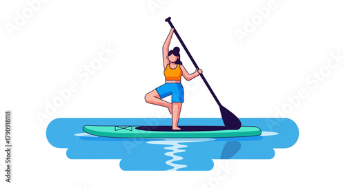Woman Practicing Yoga While Paddle Boarding With The Paddle and Balancing Act