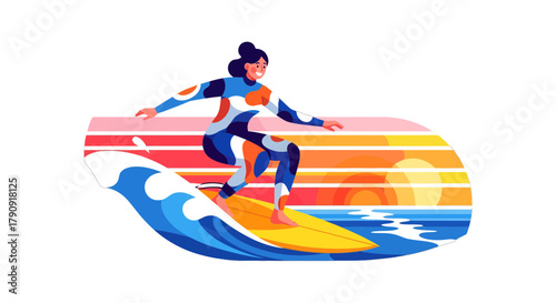 Woman Surfing on a Sunset Wave, Illustrated Design in a Simplified Artistic Style