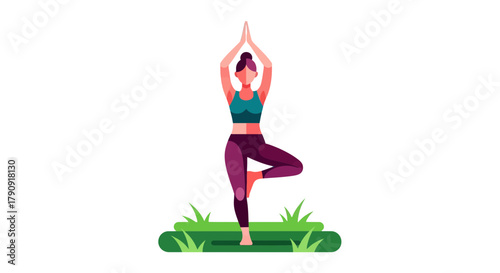 Woman Practicing Yoga Tree Pose on Grass with Black Background Illustration