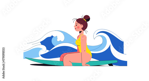 Woman Surfing on a Board Amidst Majestic Oceanic Waves in Artistic Digital Illustration