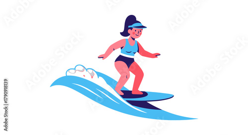 Woman Surfing on a Wave Against a Black Background, Conceptual Vector Illustration