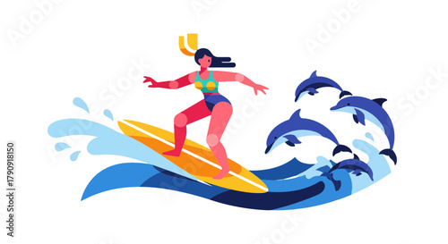 Woman Surfing With Dolphins In Beautiful Ocean With Illustration Style Design