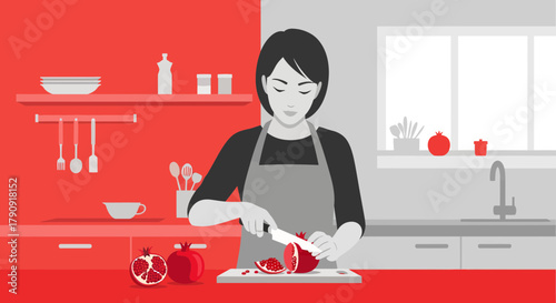 Woman Prepares a Fresh Pomegranate in a Contemporary Kitchen Setting Vector Illustration