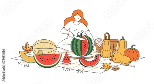Woman Prepares a Picnic with Watermelons and Autumn Gourds on a Blanket