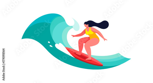 Woman Surfing Waves With Red Surfboard on Black Background, Minimalist Illustration