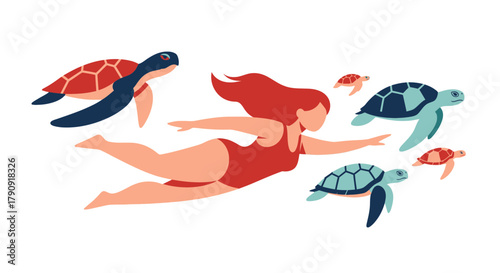 Woman Swimming With Sea Turtles In Dark Waters Showing Marine Life Harmony And Diving