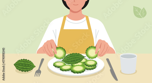 Woman Preparing Fresh Bitter Gourd Slices on a Plate in a Modern Clean Style