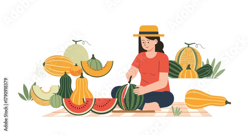 Woman Preparing Various Fruits During a Summer Picnic Outdoors Minimalist Illustration