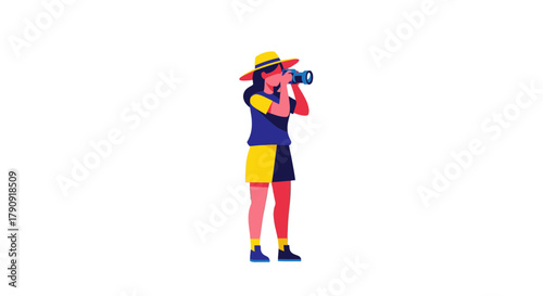 Woman With Camera Captures Moments In Vivid Colors Against Dark Background