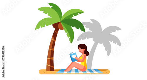 Woman Reading Beneath Palm Trees Enjoying A Vacation On The Beach And Reading