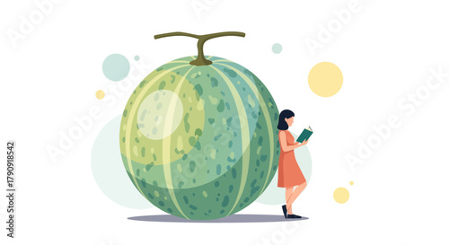Woman Reading beside Giant Melon: A Serene Scene of Literary and Agricultural Delights