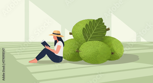 Woman Reading Book Outdoors Beside Exotic Fruits on Refreshing Summer Day