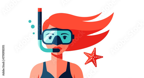Woman With Snorkel Gear And Red Hair Is Ready For Underwater Adventure Exploration