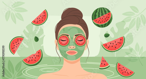 Woman With Watermelon Face Mask in a Spa Environment for Skin Care and Wellness