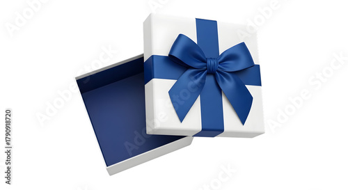 Naklejka White gift box with blue ribbon
