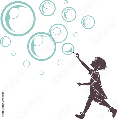 Joyful child gleefully blowing iridescent bubbles in a whimsical, lighthearted outdoor scene, capturing pure childhood wonder and carefree fun.