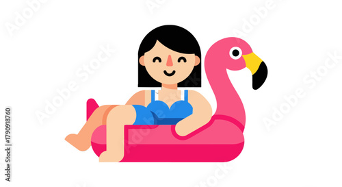 Woman Relaxing On Inflatable Flamingo Floatie Against A Solid Black Backdrop