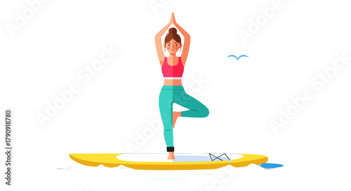 Yoga Practice On A Floating Platform, Balancing Pose Against A Dark Backdrop