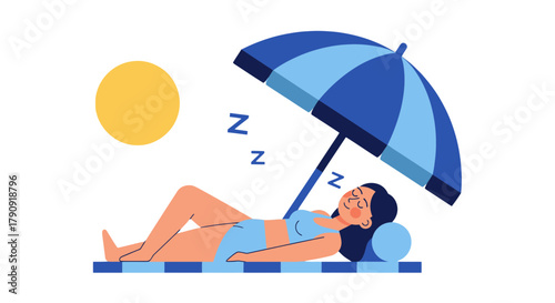Woman Relaxing Under Parasol on Beach, Enjoying the Sun and Taking a Nap