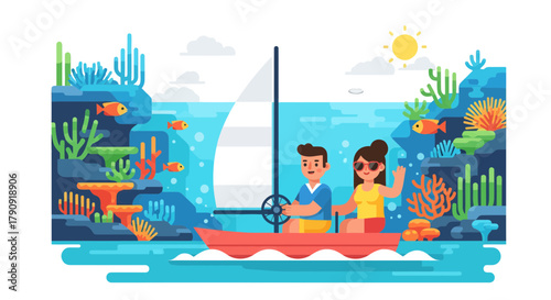 Young Couple Sailing on a Red Boat Near Vivid Coral Reefs During the Bright Sunny Day