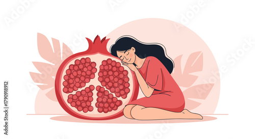 Woman Resting Beside Half Pomegranate Fruit With Calm Expression Minimalist Design