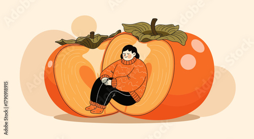 Woman Resting Within a Giant Persimmon Fruit: A Whimsical and Artistic Illustration