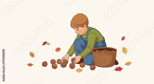 Young Boy Gathering Walnuts In The Autumn With A Woven Basket And Fallen Leaves