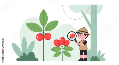 Young Explorer Delves Into Nature, Examining Berries Through Magnifying Lens, Study Illustration
