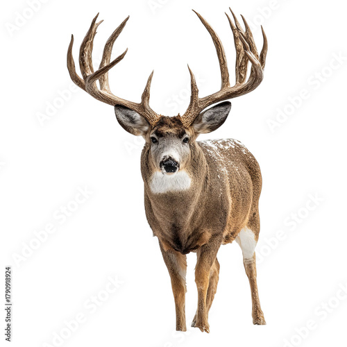 Png of majestic mule deer buck with huge antlers standing tall, isolated on transparent background, a symbol of wilderness