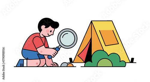 Young Explorer Examining Nature Near a Tent, Unveiling Wonders of Outdoors