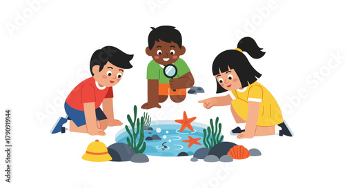 Young Scholars Enthusiastically Observing Marine Life Discoveries Educational Setting