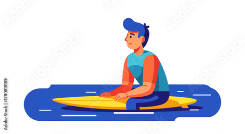 Young Surfer Waiting On His Surfboard In The Ocean, Isolated On Black Background