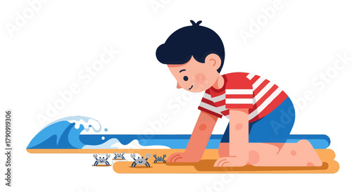 Youngster Watching Crabs Near Waves on Beach, Adorable Summer Illustration