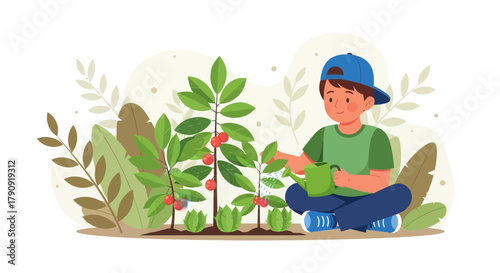 Youngster Watering Plants in Garden for Fresh Fruits or Gardening Concept