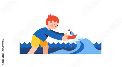 Youngster Sails Toy Boat Into Open Water And Has Fun On A Beautiful Sunny Day