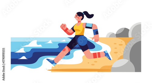 Woman Runs Along The Seashore Cartoon, Sporting Activities And Daily Routines