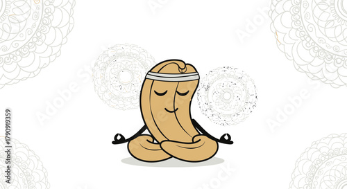 Zen Cashew Cartoon Meditating With Decorative Mandalas On An Isolated Background