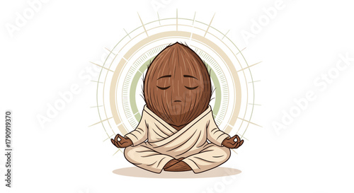Zen Coconut Cartoon: Meditating Fruit in Calming Pose with Spiritual Circle