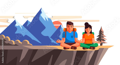 Zen Couple Meditating Amongst Majestic Mountains, Finding Inner Peace and Serenity